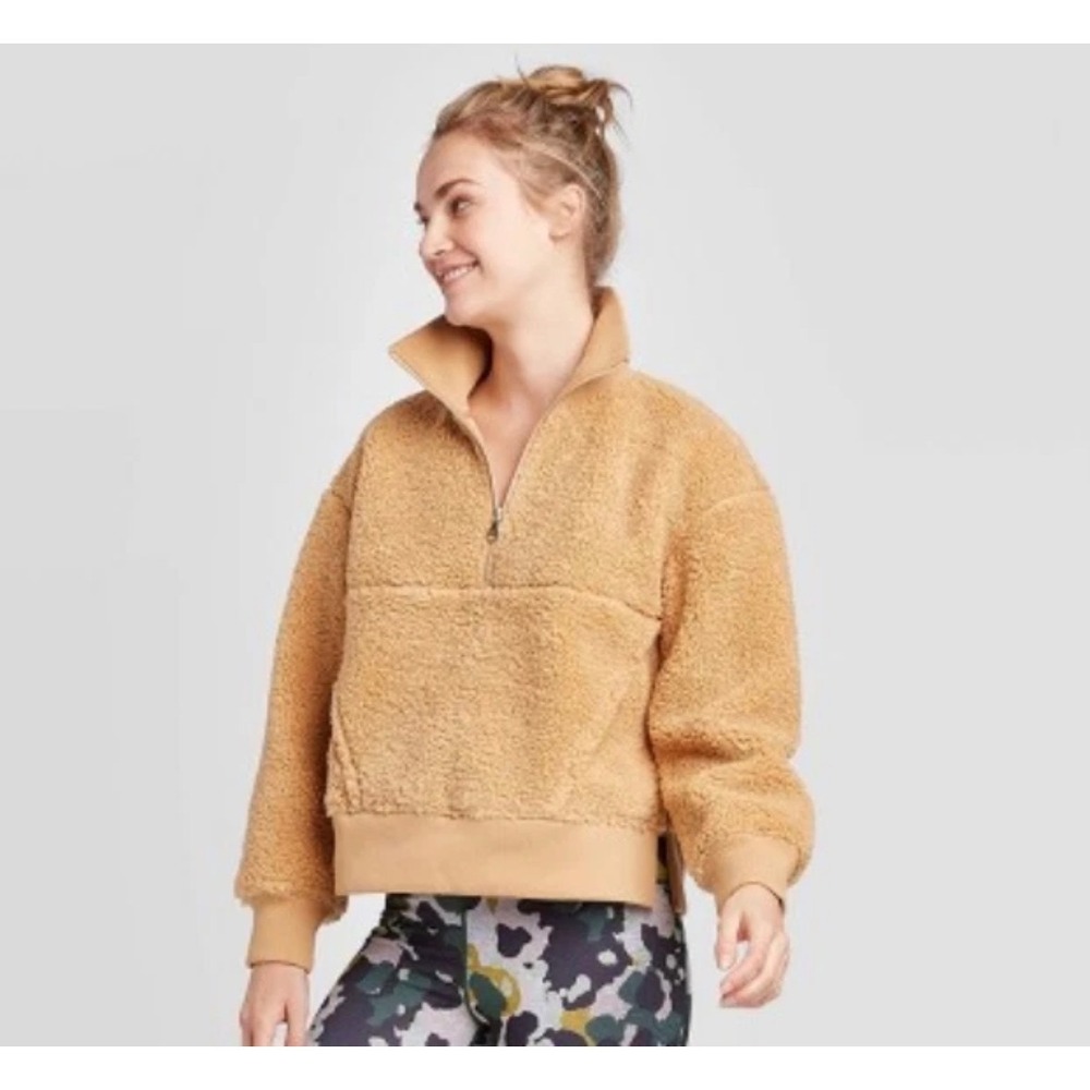 JoyLab Tan Sherpa Fleece Quarter Zip Pullover Sweatshirt XL Mock Neck Camel
